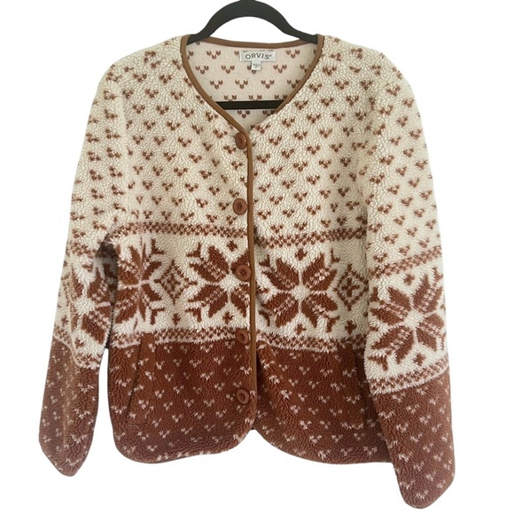 Orvis Beige Tan Fair Isle Collarless Fleece Jacket Large - Picture 1 of 12